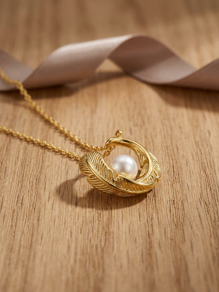 Pearl Feather Leaf Pendant Gold Necklace