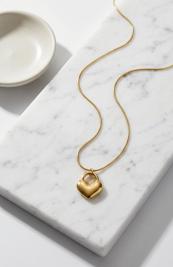 Puffed Heart Padlock Pendant Gold Chain