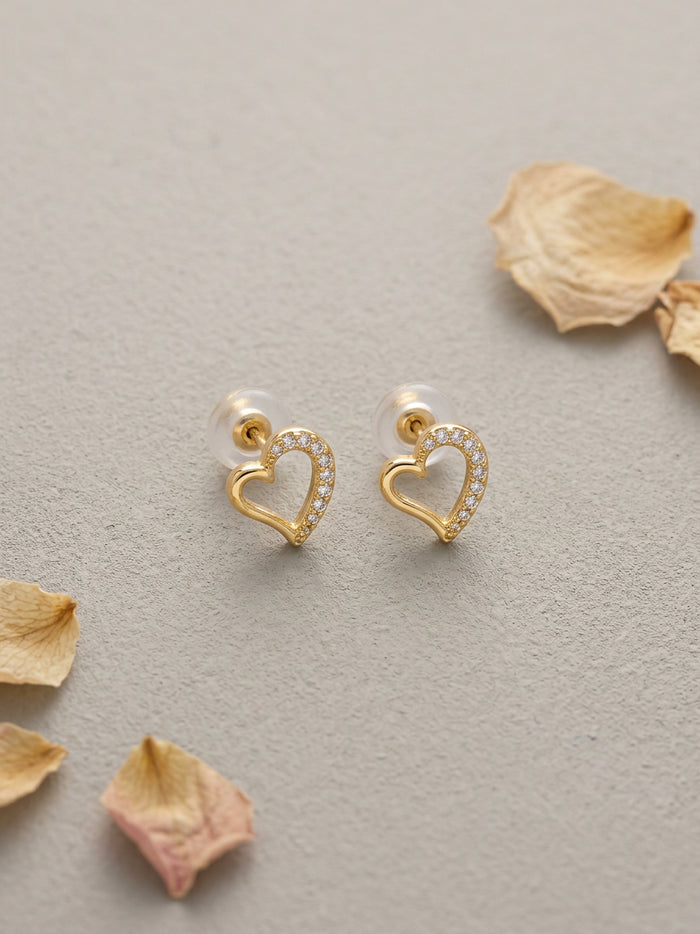 Open Heart Stone Gold Stud Earrings