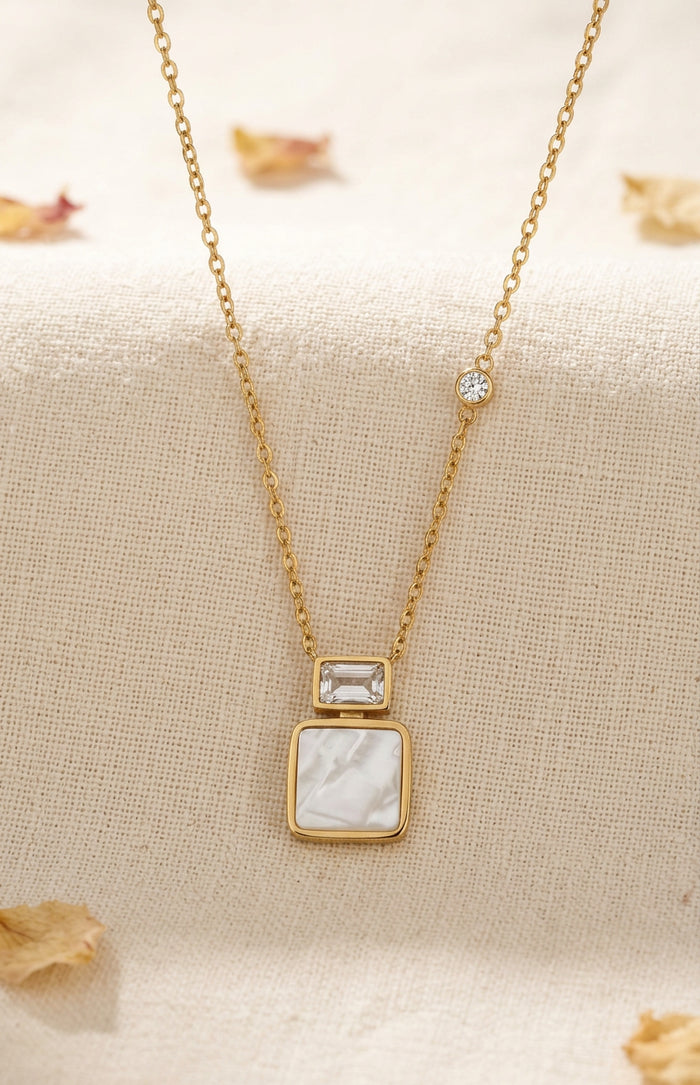 Square Pearl White Pendant Gold Chain Necklace