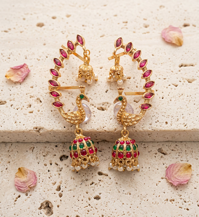Designer Peacock Ruby Stone Ear Cuff Jhumka