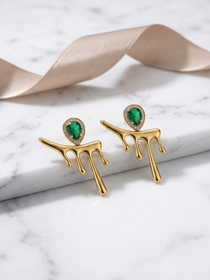 Emerald Green Stone Gold Drip Earrings