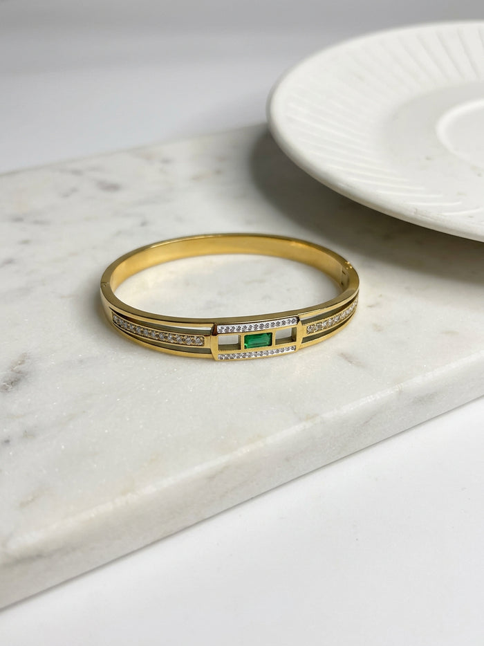 Emerald Green Stone Gold Bangle Bracelet