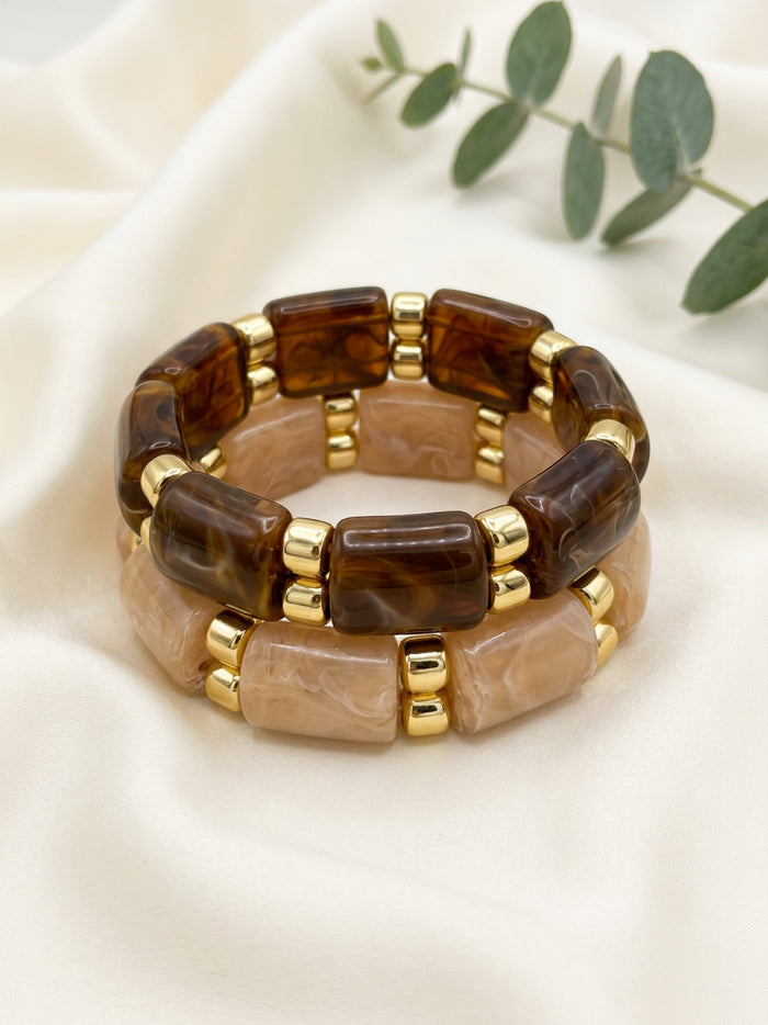 Broad Stretch Resin Cuff Bracelet, Brown and Beige