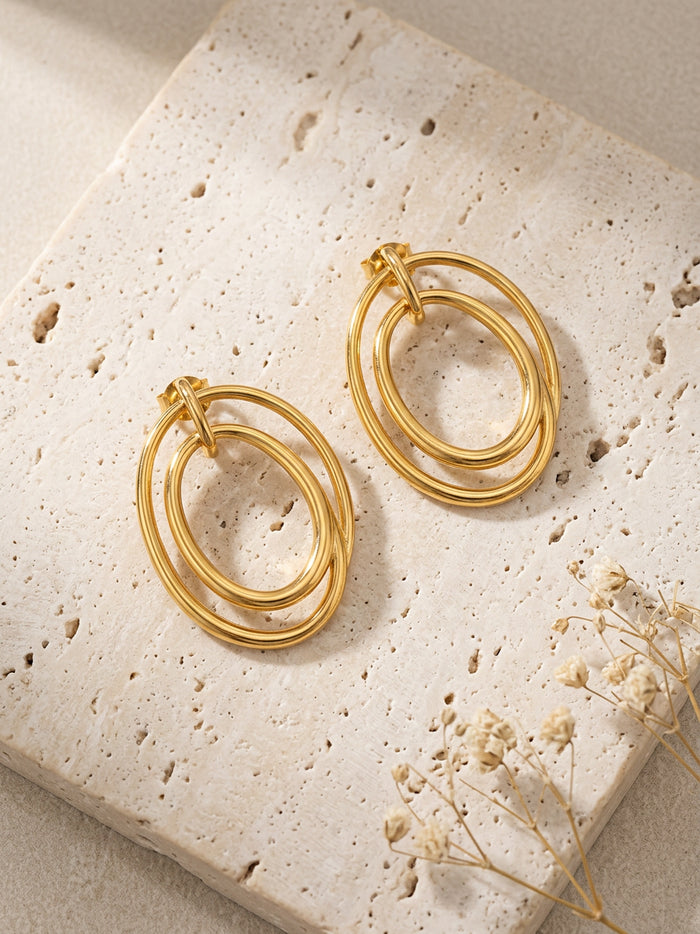 Double Oval Gold Hoop Drop Earrings