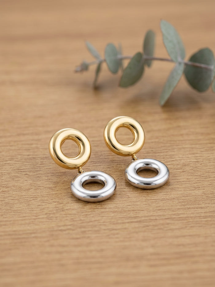Dual Tone Open Circle Drop Earrings