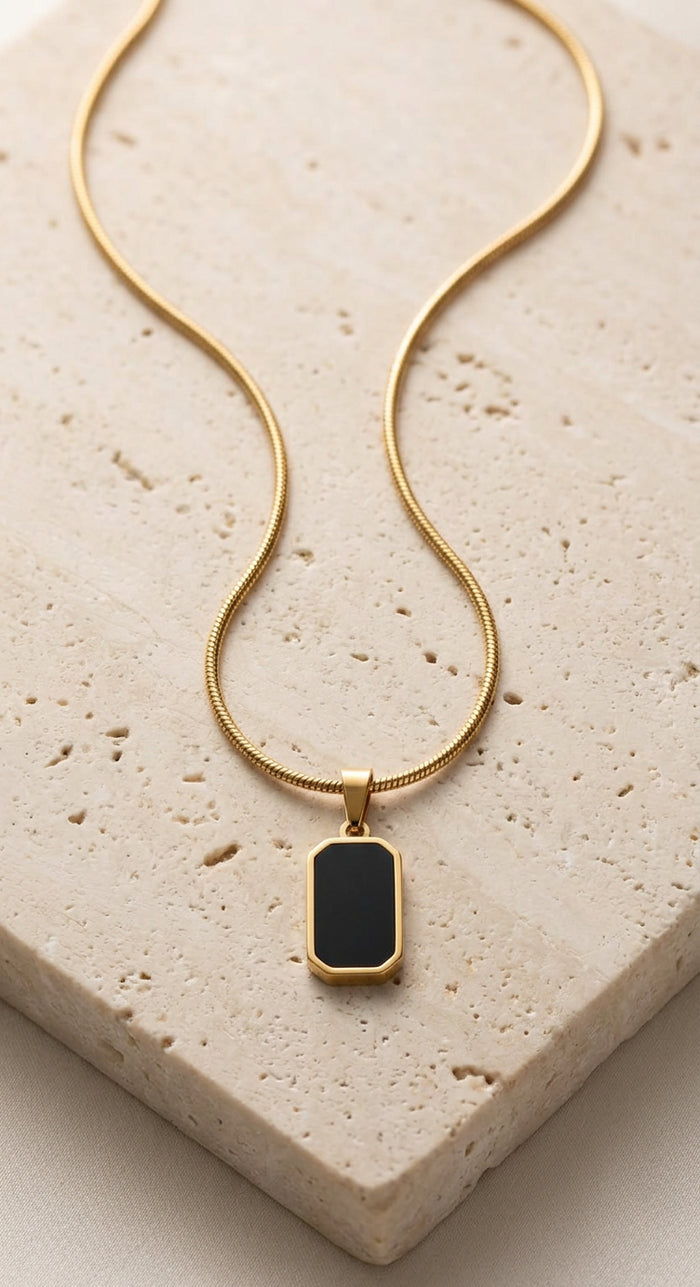 Black Onyx-Look Rectangle Pendant Gold Chain