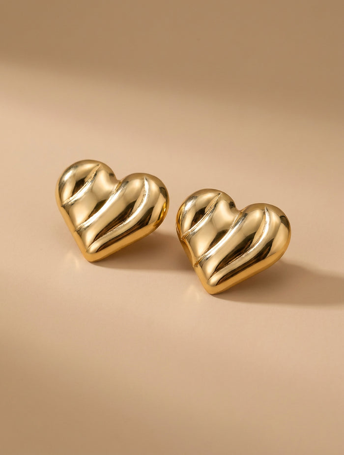 Gold Puffed Heart Stud Earrings