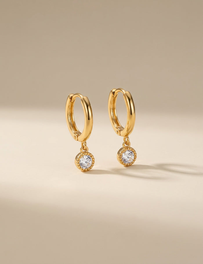 Gold Huggie Hoops with Crystal Drop
