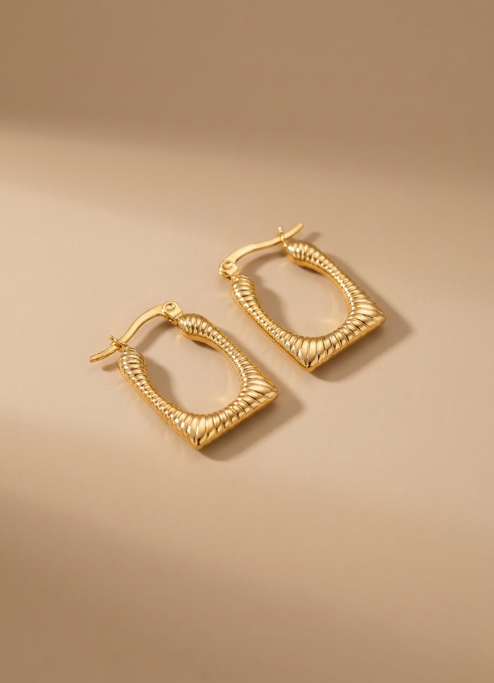 Gold Ribbed Square Hoop Earrings