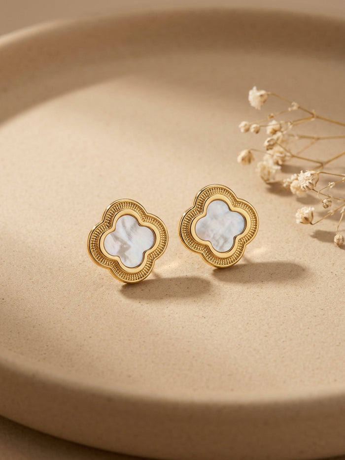Pearl White Clover Gold Stud Earrings
