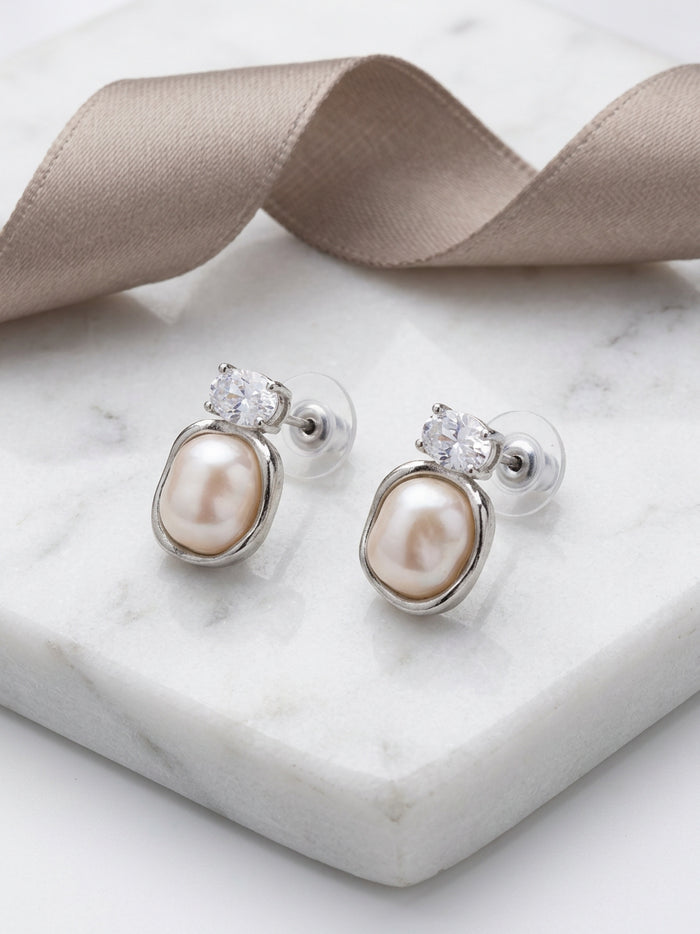 Silver Tone Baroque Pearl Stone Earrings
