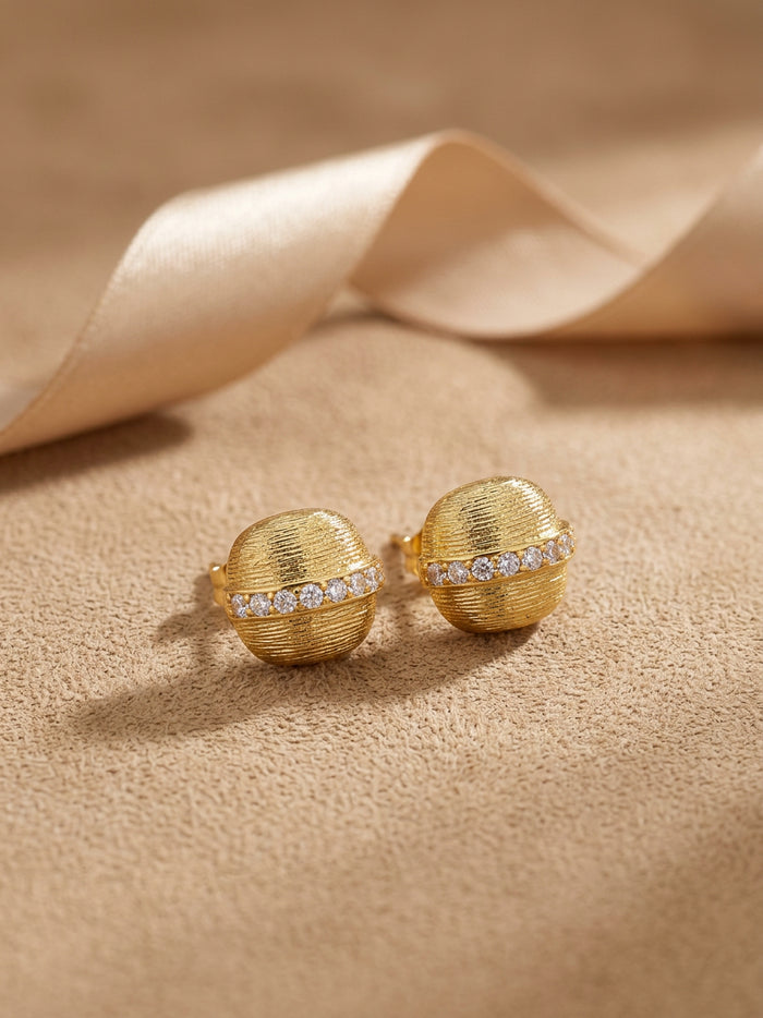 Textured Round Stone Line Gold Stud Earrings