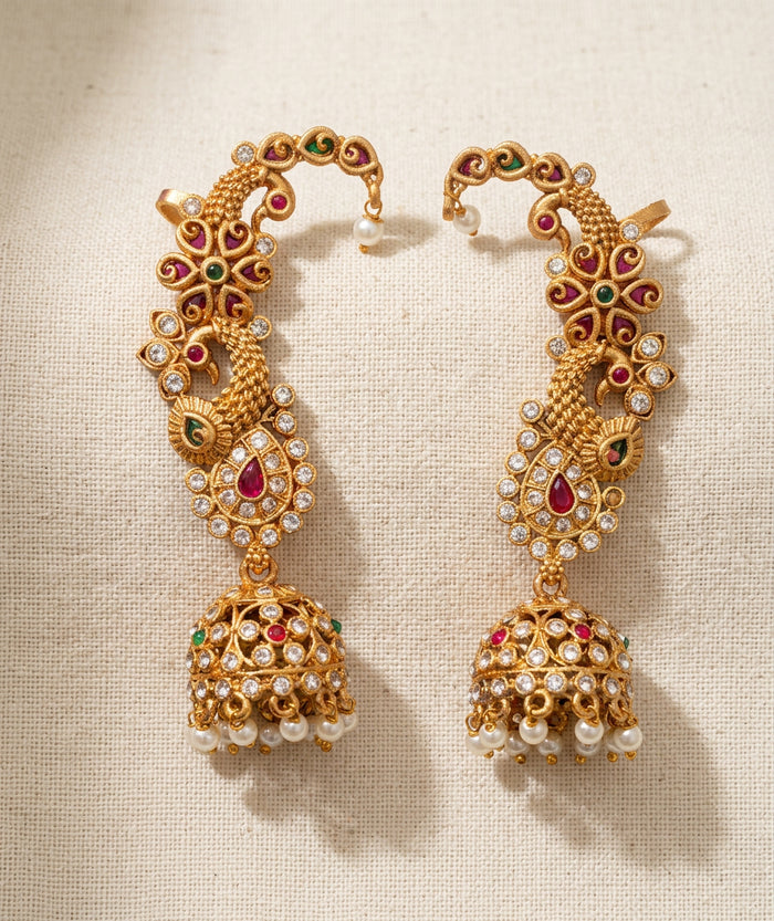 Peacock Ruby Stone Ear Cuff Jhumka Earrings