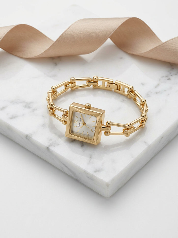 Square Dial Chain Link Gold Bracelet Watch