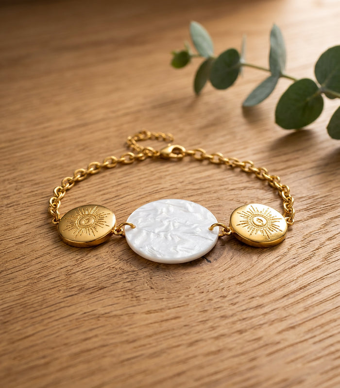 Pearl Disc Sunburst Gold Chain Bracelet
