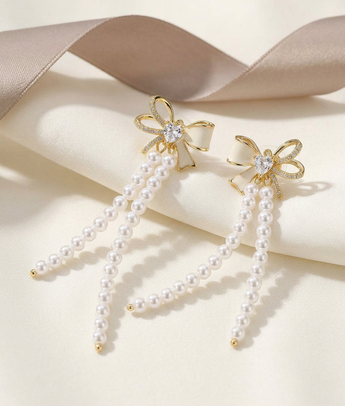Bow Pearl Tassel Gold Clip On Earrings