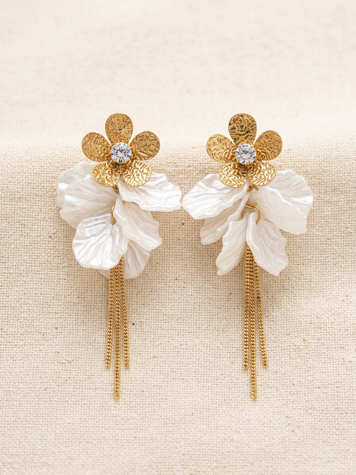 White Petal Flower Stone Tassel Earrings