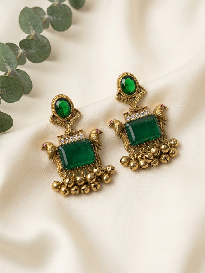 Green Stone Kashmiri Peacock Earrings