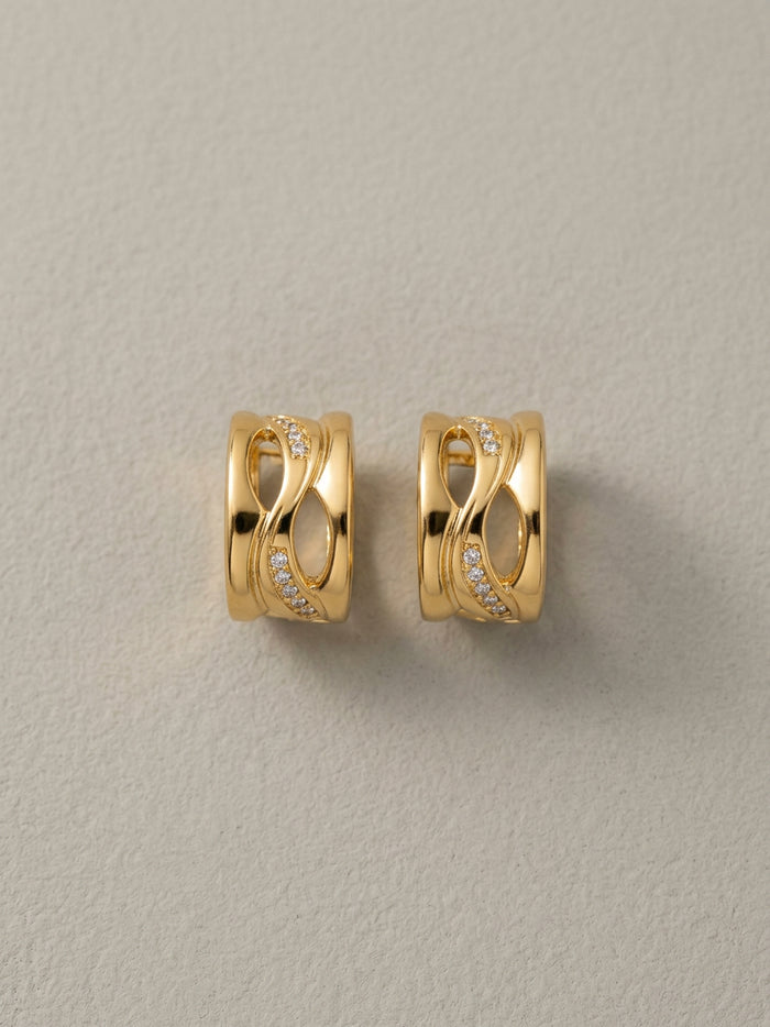 Gold Hoop Earrings with Stone Wave Cutout