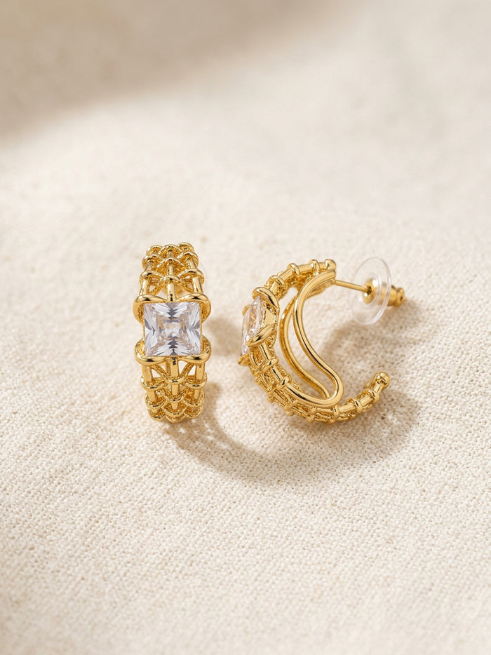 Square Stone Gold Half Hoop Earrings