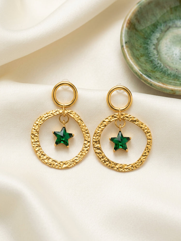 Green Star Hammered Hoop Drop Earrings