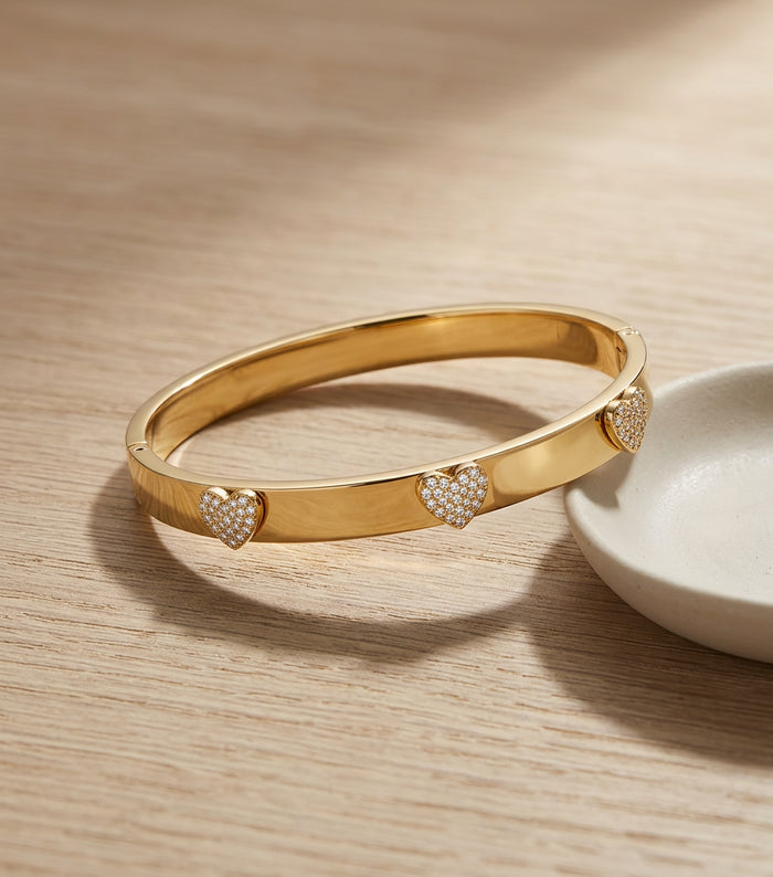 Triple Heart Stone Gold Bangle Bracelet Size 2.4