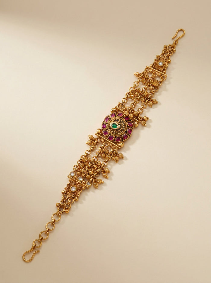 Ruby Flower Antique Gold Bracelet with Beads
