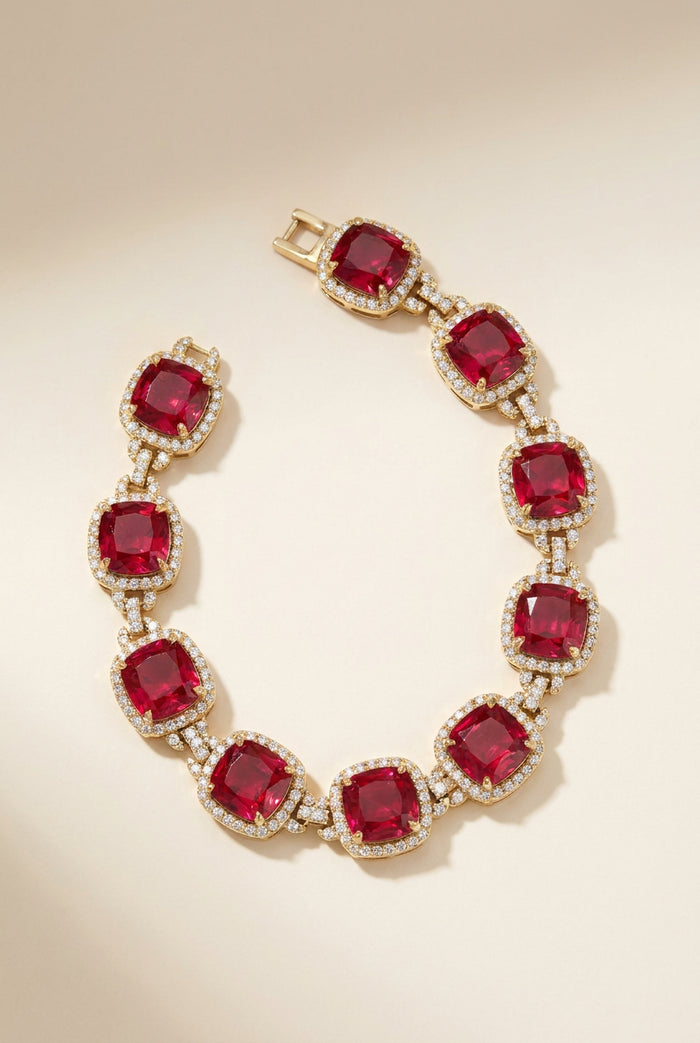 Ruby Red Square Halo Tennis Bracelet