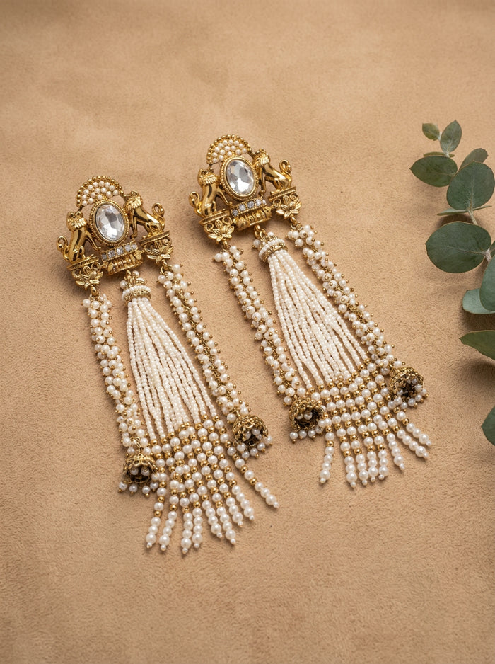 Pearl Tassel Earrings with Clear Stone