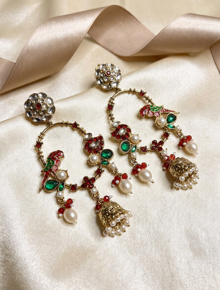 Parrot Kundan Chandbali Earrings