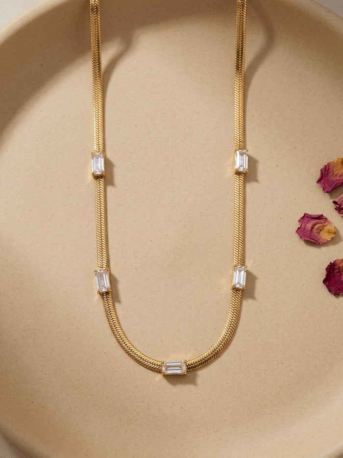 Baguette Stone Station Herringbone Gold Necklace