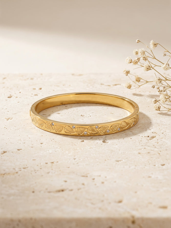 Leaf Engraved Gold Bangle Bracelet for Women