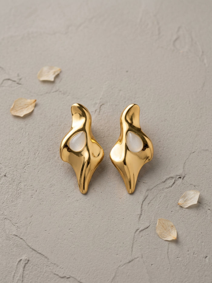 Pearl White Teardrop Gold Sculptural Earrings