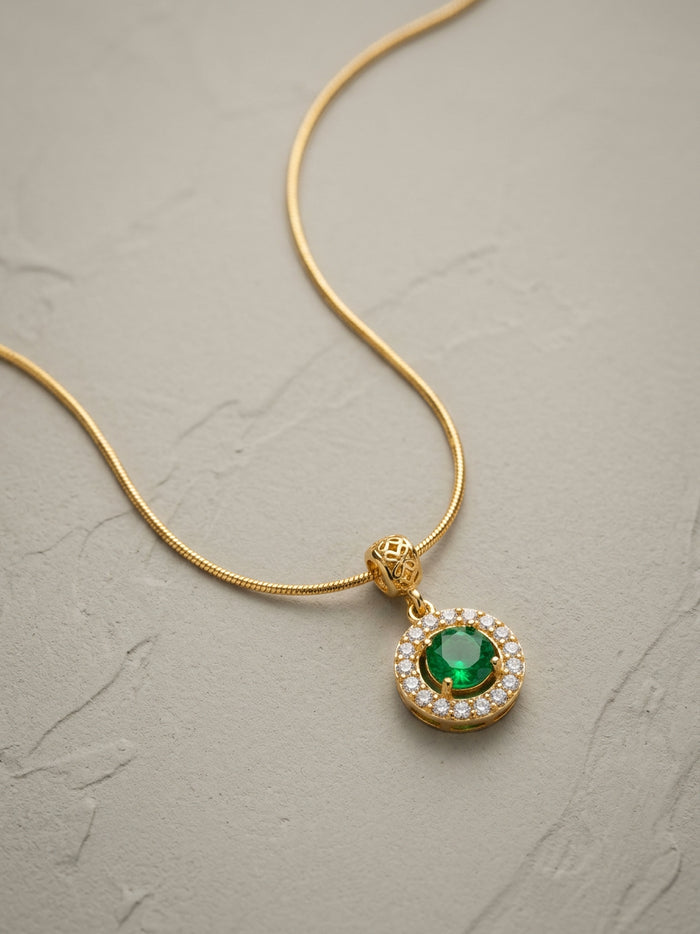 Emerald Green Halo Stone Pendant Gold Necklace