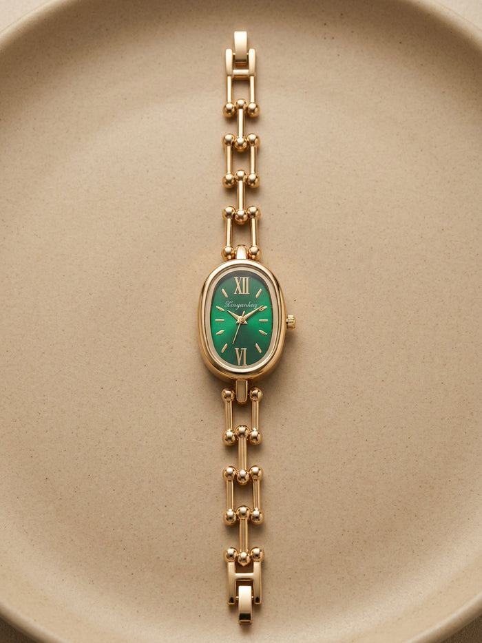 Green Dial Oval Gold Link Bracelet Watch