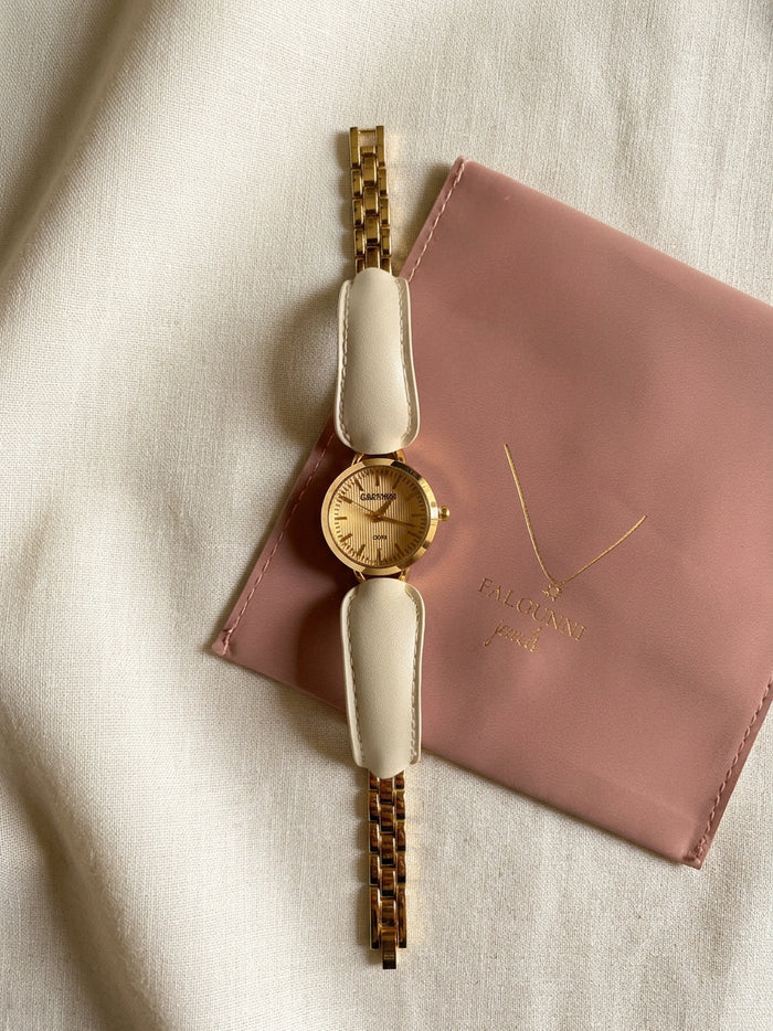 Champagne Dial Gold Watch with Cream Strap Detail