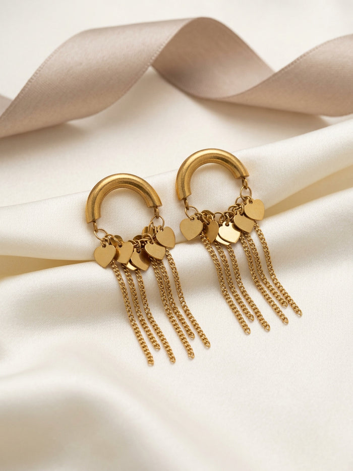 Heart Charm Gold Tassel Earrings