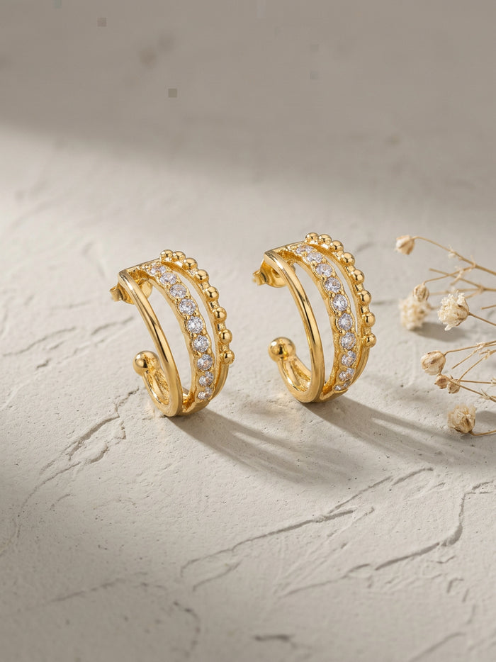 Triple Row Stone Gold Half Hoop Earrings