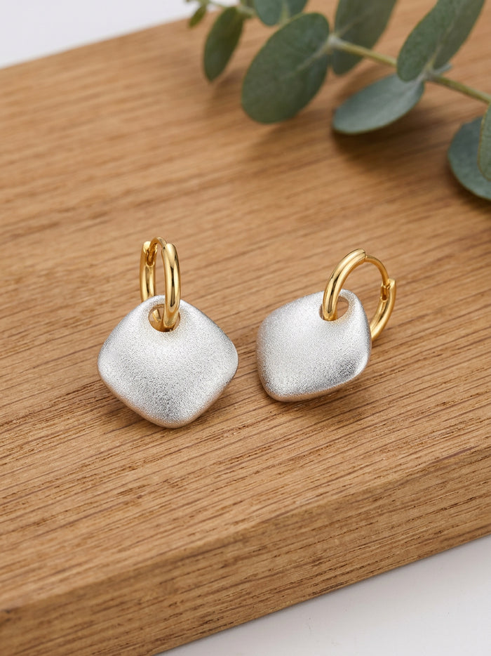 Matte Silver Tone Huggie Hoop Earrings with Charm