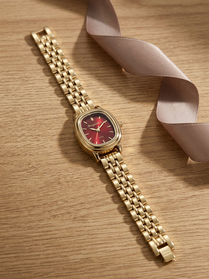 Red Dial Cushion Gold Link Watch