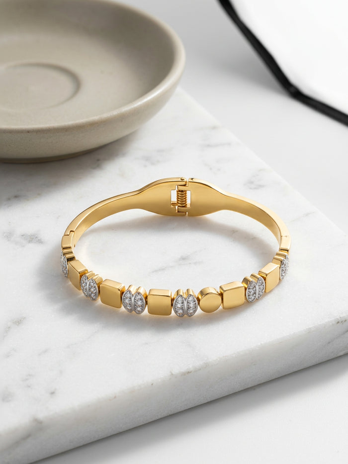 Geometric Stone Gold Bangle Bracelet Size 2.4