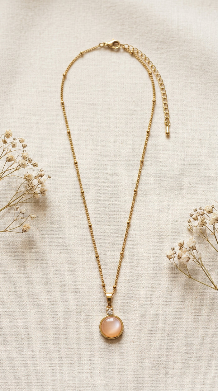 Peach Stone Round Pendant Gold Beaded Chain