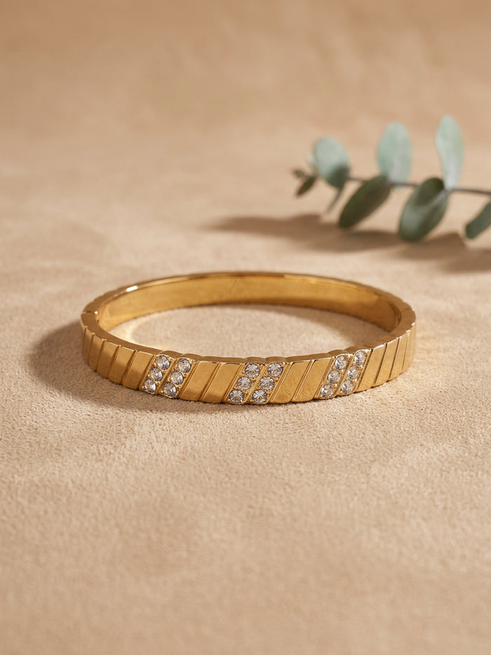 Diagonal Stripe Stone Gold Bangle Bracelet 2.4