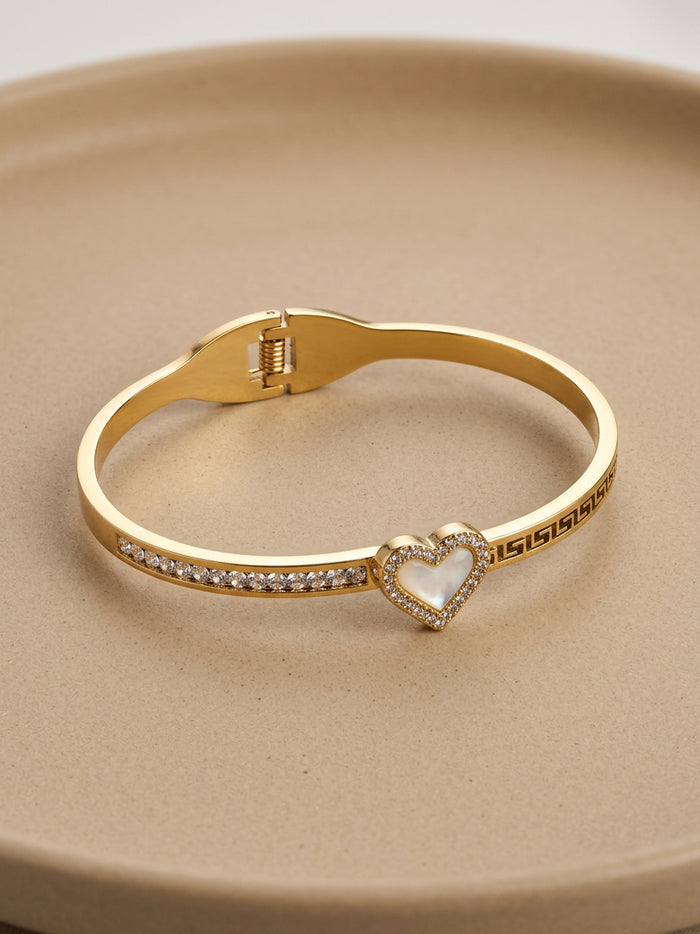 Pearl Heart Greek Key Gold Bangle Bracelet