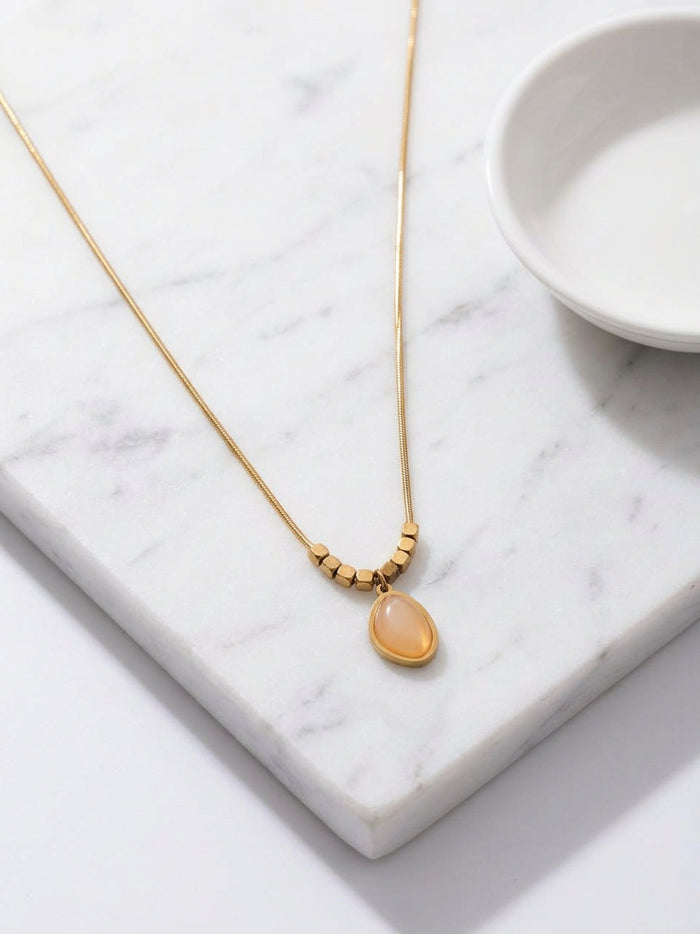 Peach Stone Drop Pendant Gold Chain