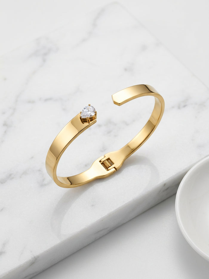 Open Cuff Gold Bangle with Teardrop Stone