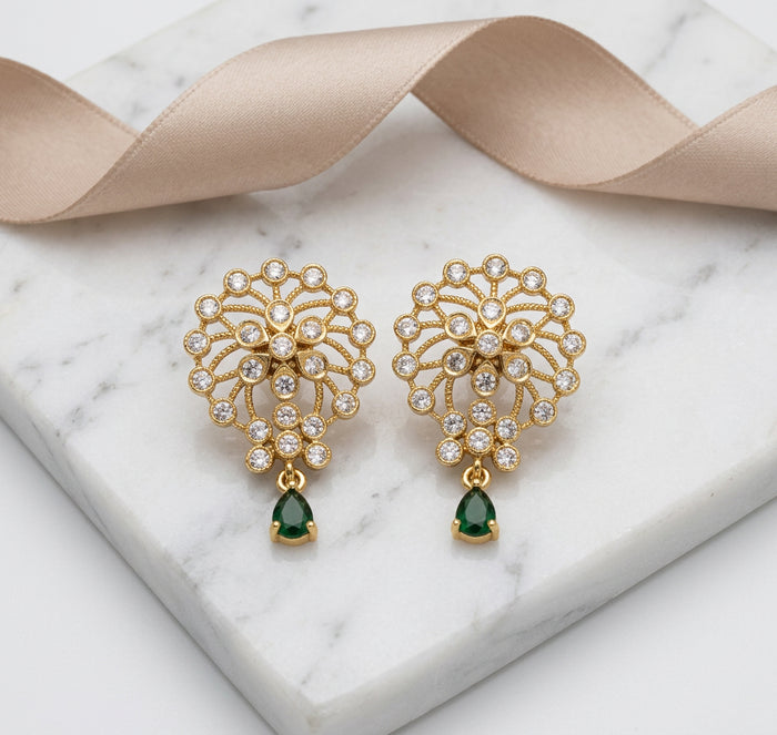 Green Drop AD Filigree Studs Indian Earrings