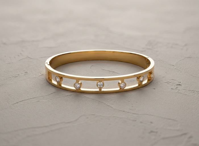 Gold Open Bangle with Round Stones