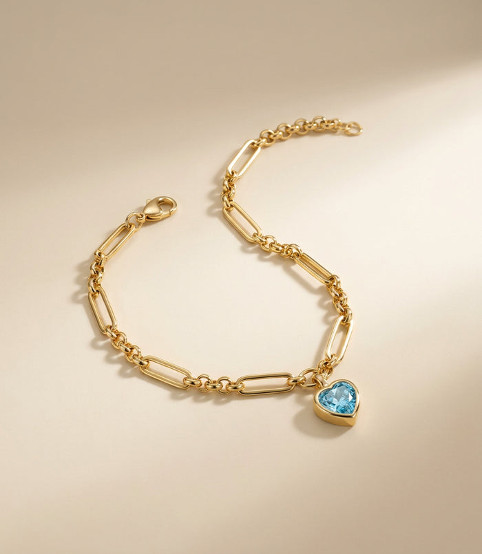 Gold Paperclip Chain Bracelet with Heart Charm
